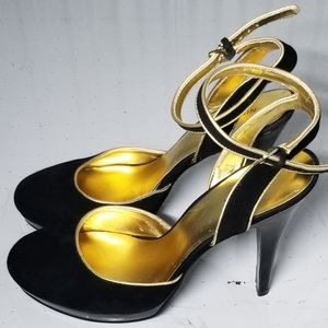 Black Strappy Heels with Gold Accents